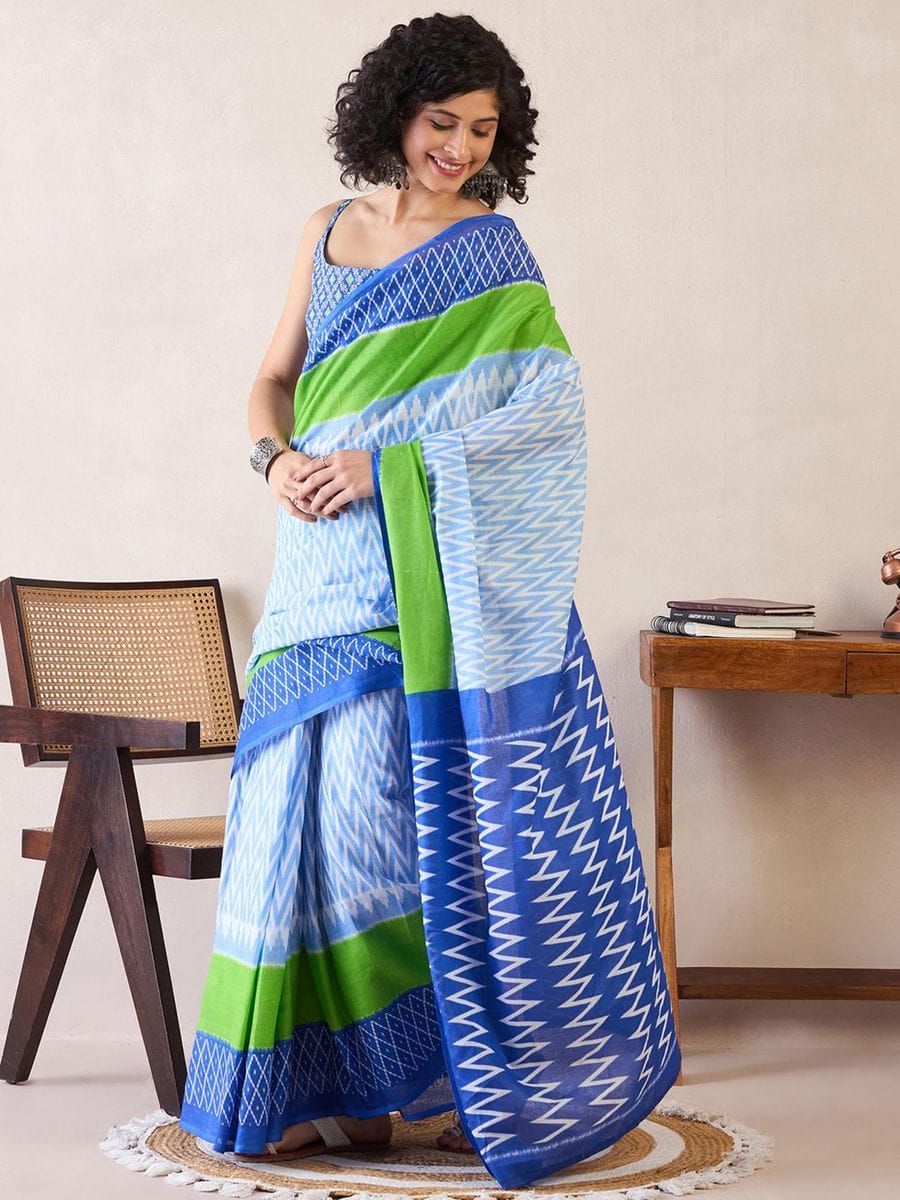 Blue and Green Mul Mul Cotton Saree with Ikat Print and Pocket with blouse
