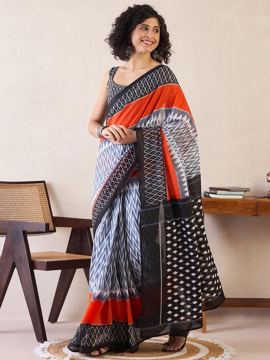 Black and Orange Mul Mul Cotton Saree with Ikat Print and Pocket with blouse