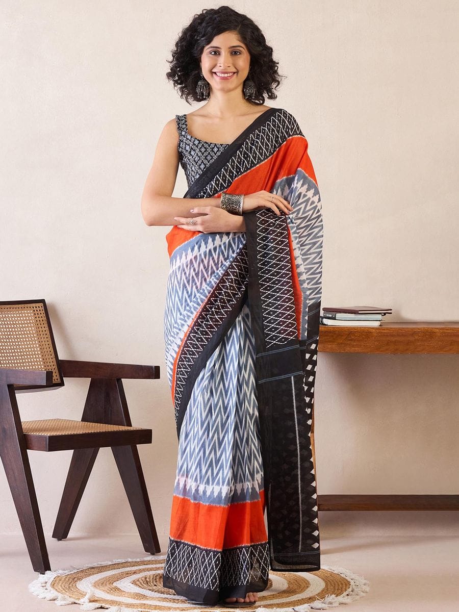 Black and Orange Mul Mul Cotton Saree with Ikat Print and Pocket with blouse