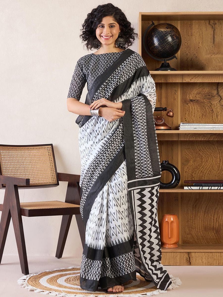 Black and White Ready to Wear Mul Mul Cotton Saree with Geometric Print and Pocket with blouse