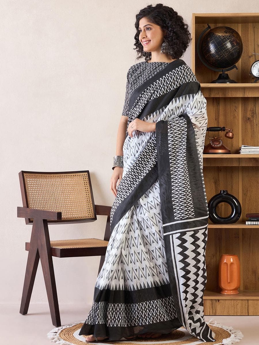 Black and White Ready to Wear Mul Mul Cotton Saree with Geometric Print and Pocket with blouse