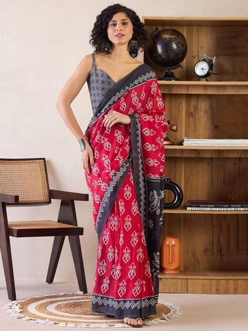 Pink Ready to Wear Mul Mul Cotton Saree with Block Print and Pocket with blouse