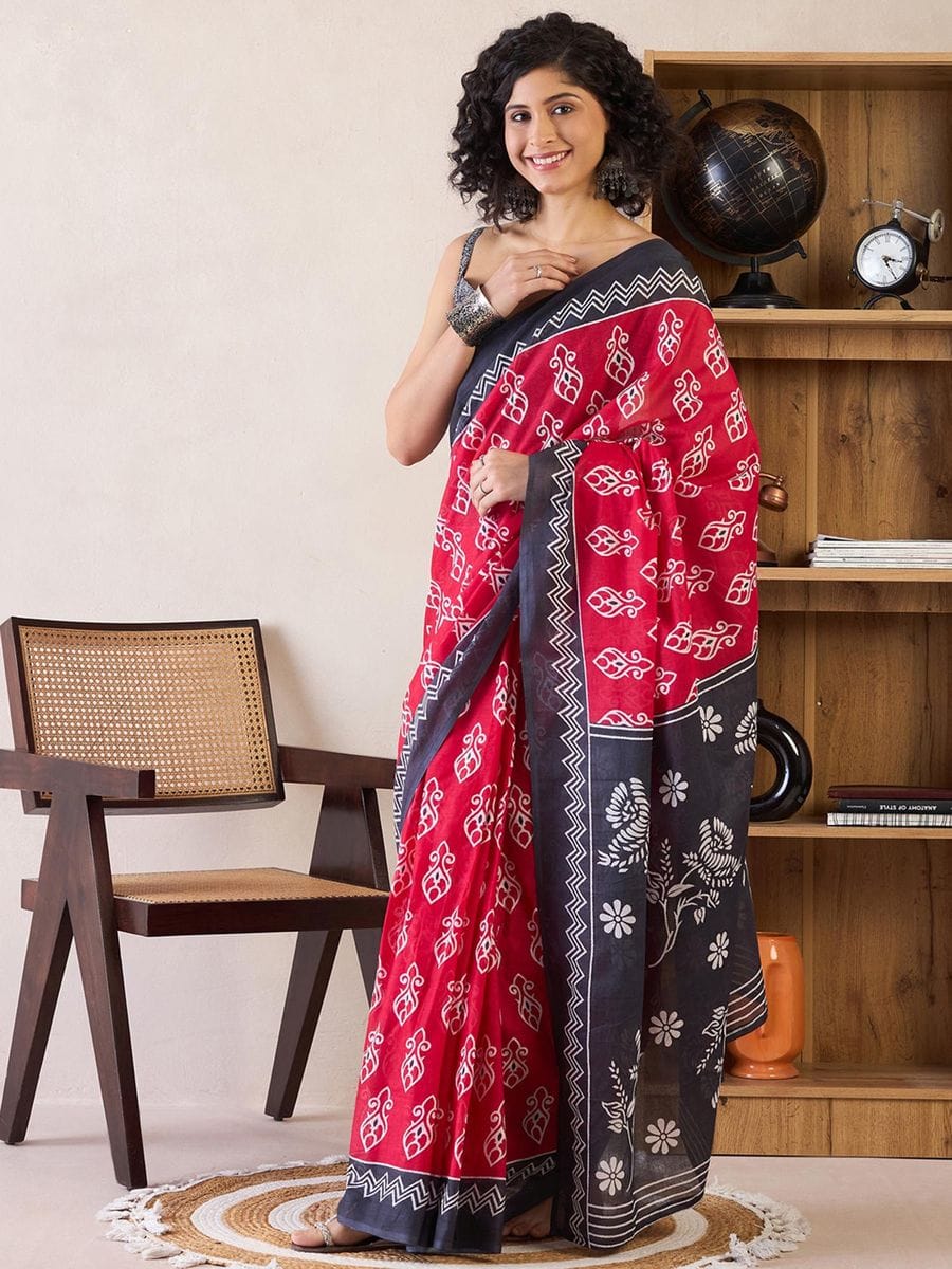 Pink Ready to Wear Mul Mul Cotton Saree with Block Print and Pocket with blouse