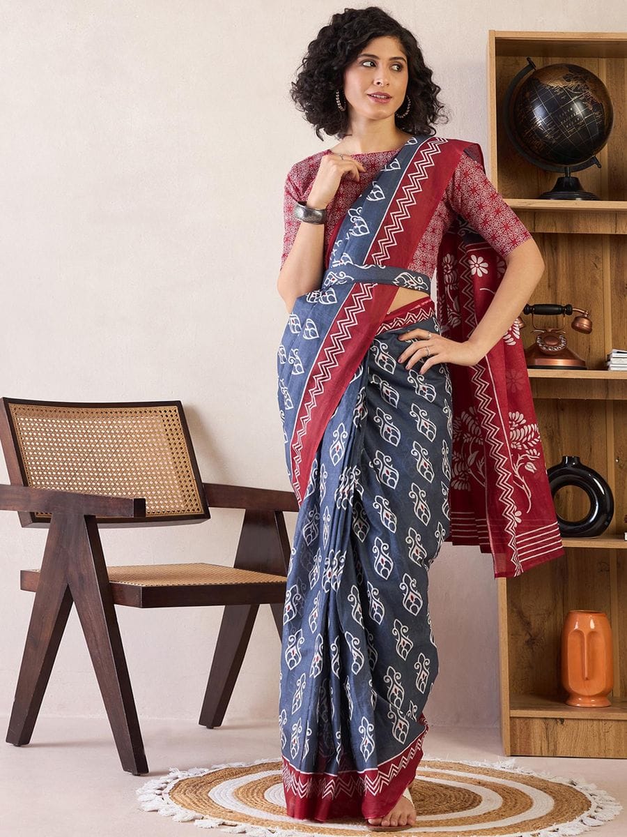 Blue Ready to Wear Mul Mul Cotton Saree with Block Print and Pocket with blouse