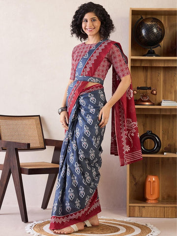 Blue Ready to Wear Mul Mul Cotton Saree with Block Print and Pocket with blouse