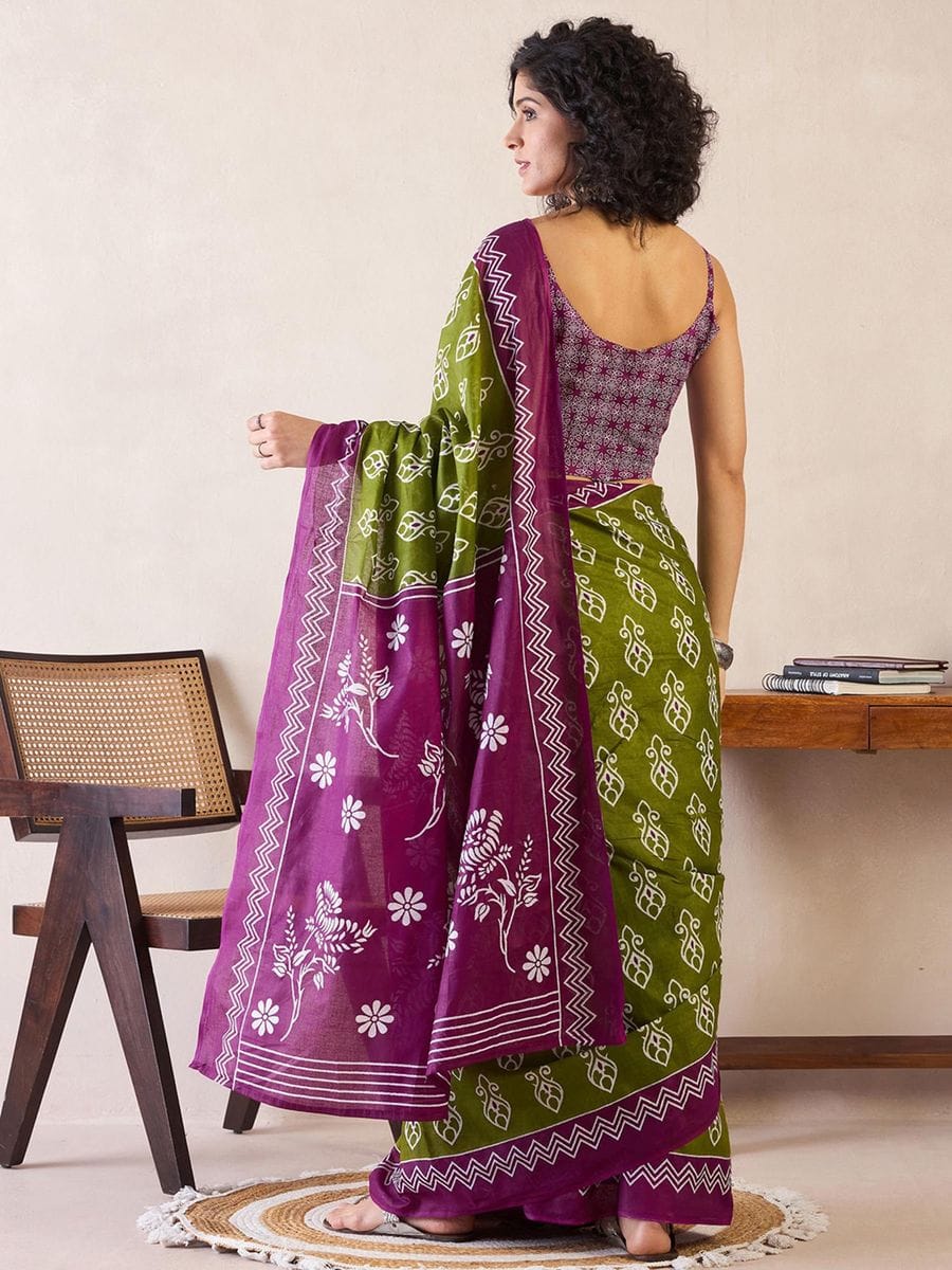 Olive Green and Purple Ready to Wear Mul Mul Cotton Saree with Block Print and Pocket with blouse