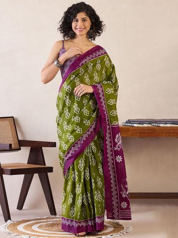 Olive Green and Purple Ready to Wear Mul Mul Cotton Saree with Block Print and Pocket with blouse