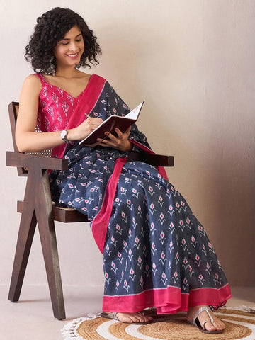 Navy Blue and Pink Ready to Wear Mul Mul Cotton Saree with ethnic print with blouse
