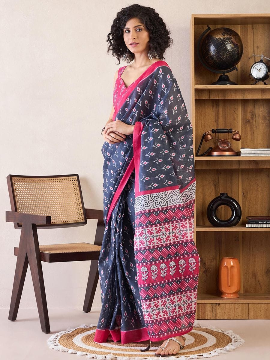 Navy Blue and Pink Ready to Wear Mul Mul Cotton Saree with ethnic print with blouse