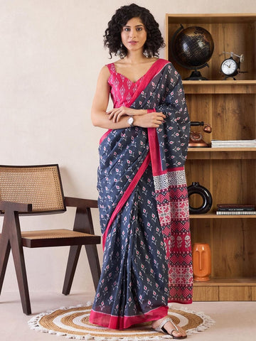 Green and Multi Ready to Wear Mul Mul Cotton Saree with Ikat print with blouse