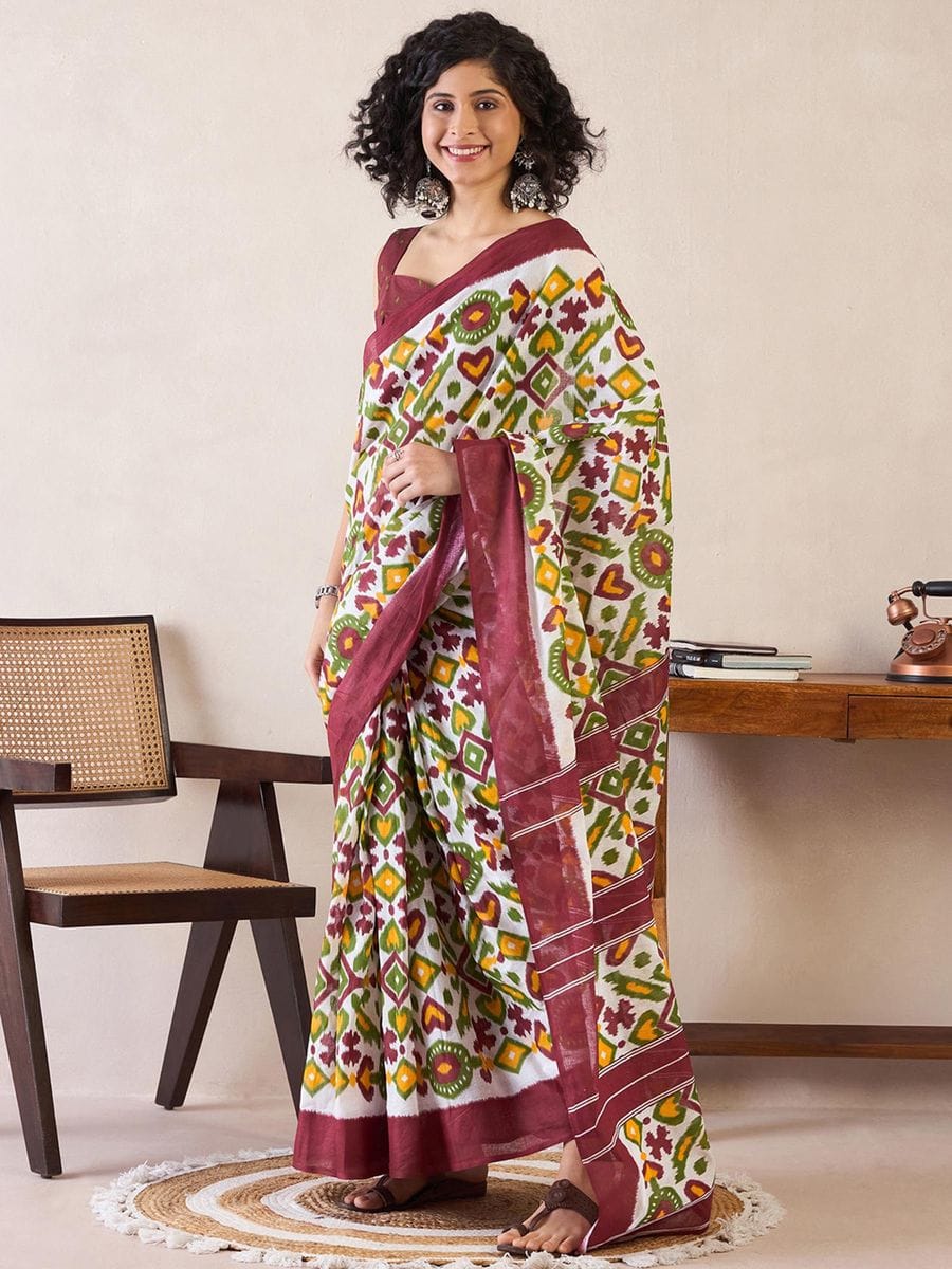 Maroon and Multi Ready to Wear Mul Mul Cotton Saree with Ikat print with blouse)
