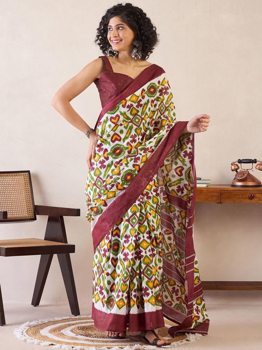 Maroon and Multi Ready to Wear Mul Mul Cotton Saree with Ikat print with blouse)
