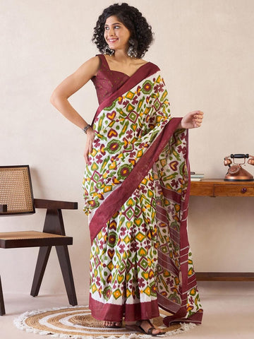 Maroon and Multi Ready to Wear Mul Mul Cotton Saree with Ikat print with blouse)