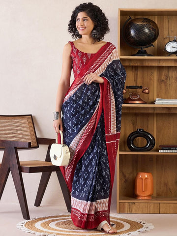 Blue and Maroon Ready to Wear Saree with Tribal Print and Pocket with blouse