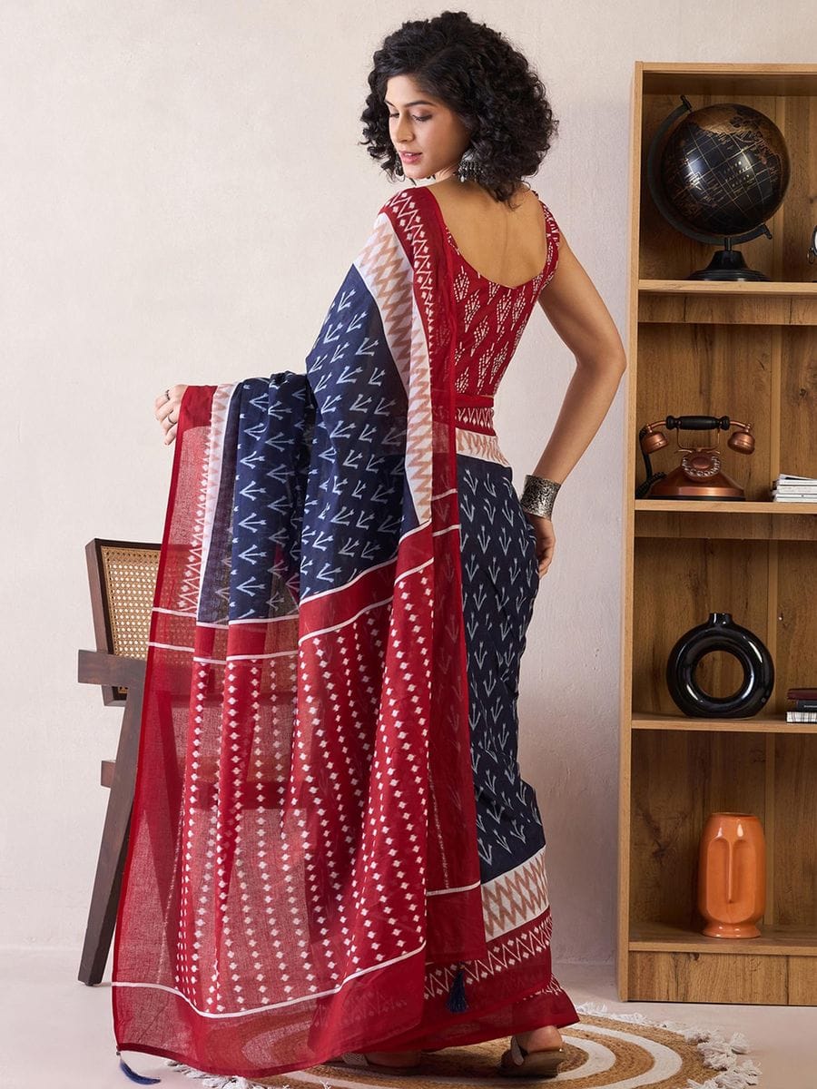 Blue and Maroon Ready to Wear Saree with Tribal Print and Pocket with blouse