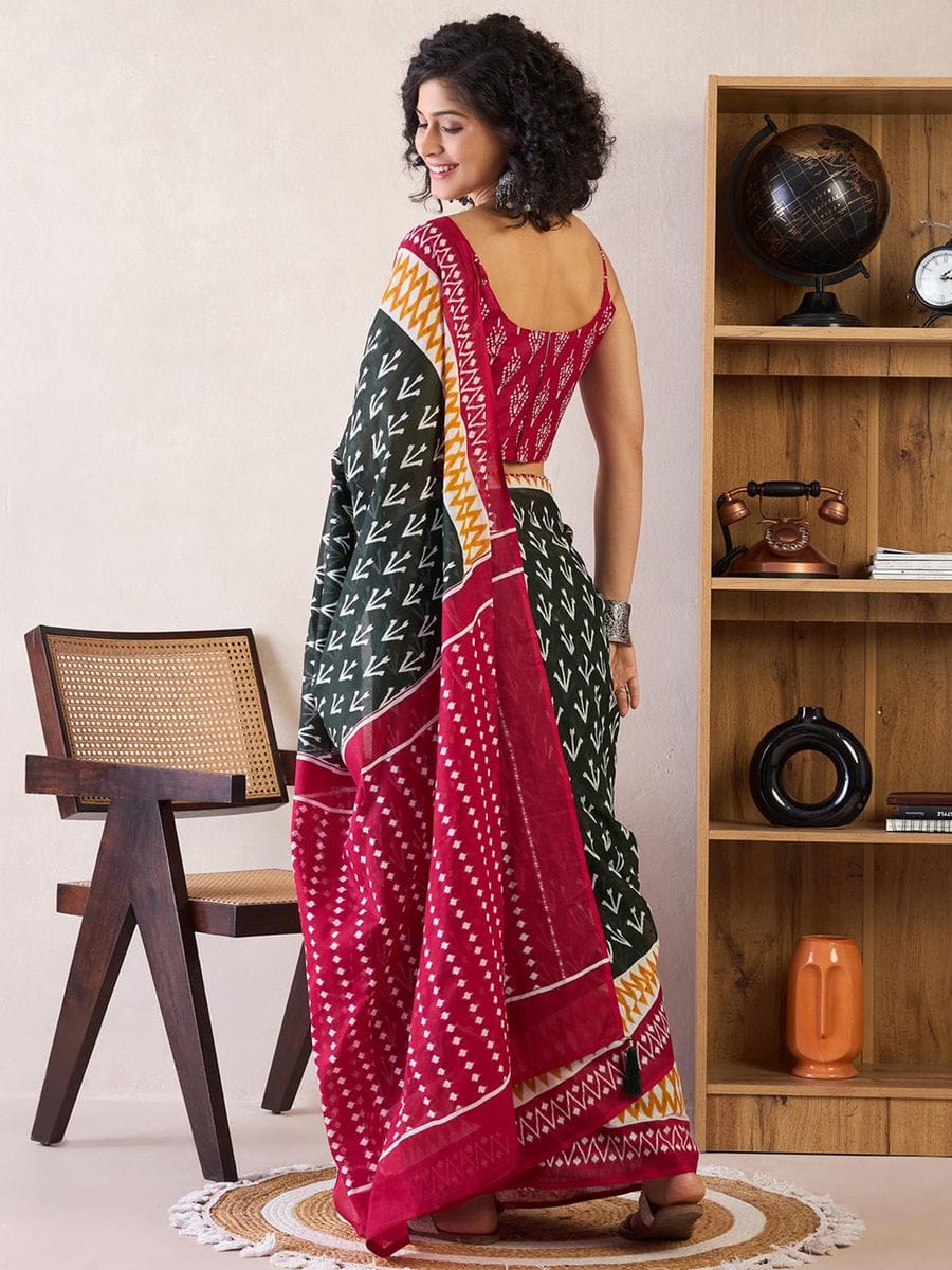 Black and Maroon Ready to Wear Saree with Tribal Print and Pocket with blouse