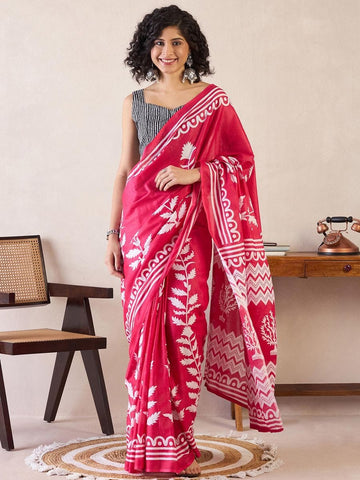 Red Mul Cotton Silk Saree with Floral Print and Pocket with blouse