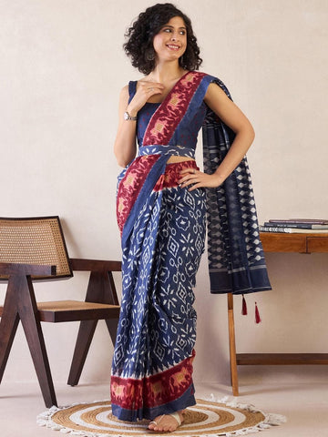 Peach Ikat Ready To Wear Mul Cotton Silk Saree with Pocket with blouse