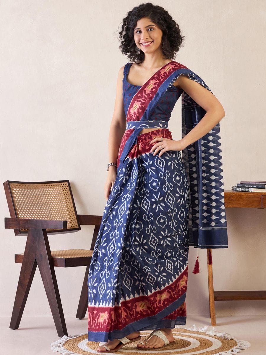 Peach Ikat Ready To Wear Mul Cotton Silk Saree with Pocket with blouse