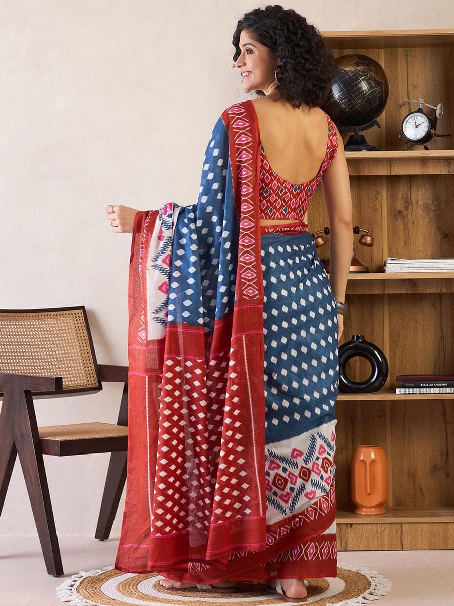 Blue and Red Mul Mul Cotton Silk Ready to Wear Saree with Floral Print and Pocket with blouse