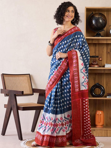 Blue and Red Mul Mul Cotton Silk Ready to Wear Saree with Floral Print and Pocket with blouse