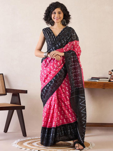 Pink & Black Mul Mul Cotton Silk Ready to Wear Saree with Ikat Print & Pocket with blouse
