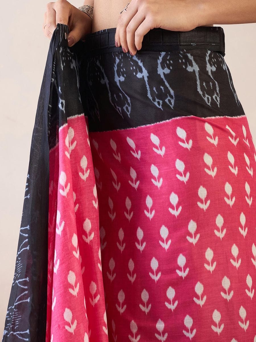 Pink & Black Mul Mul Cotton Silk Ready to Wear Saree with Ikat Print & Pocket with blouse