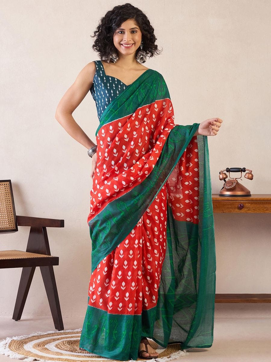 Orange & Green Mul Mul Cotton Silk Ready to Wear Saree with Ikat Print & Pocket with blouse
