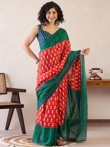 Orange & Green Mul Mul Cotton Silk Ready to Wear Saree with Ikat Print & Pocket with blouse