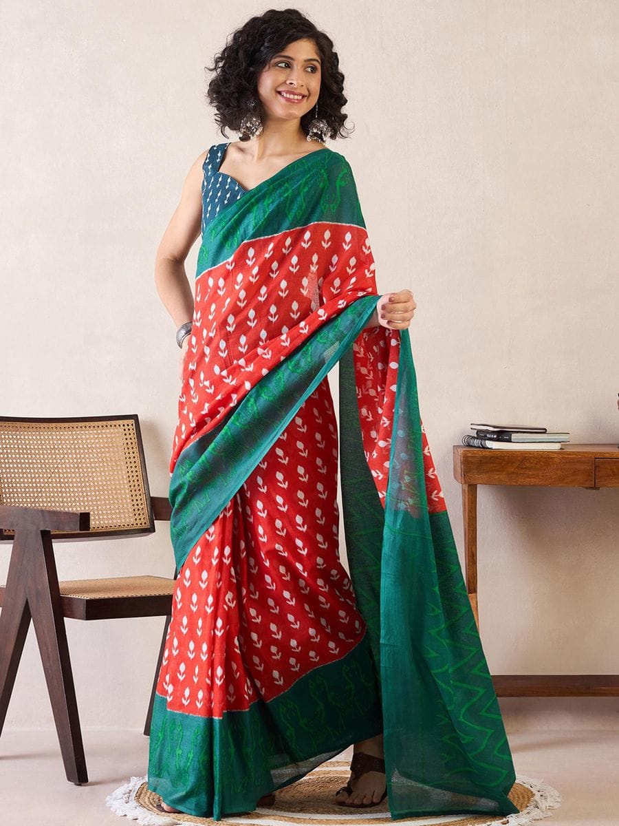 Orange & Green Mul Mul Cotton Silk Ready to Wear Saree with Ikat Print & Pocket with blouse