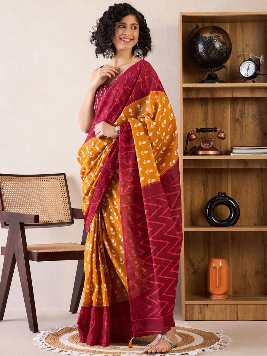 Maroon & Mustard Mul Mul Cotton Silk Ready to Wear Saree with Ikat Print & Pocket with blouse