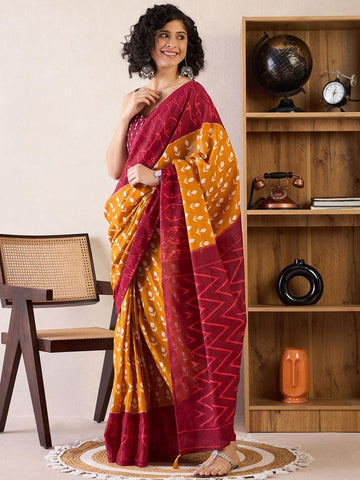 Maroon & Mustard Mul Mul Cotton Silk Ready to Wear Saree with Ikat Print & Pocket with blouse