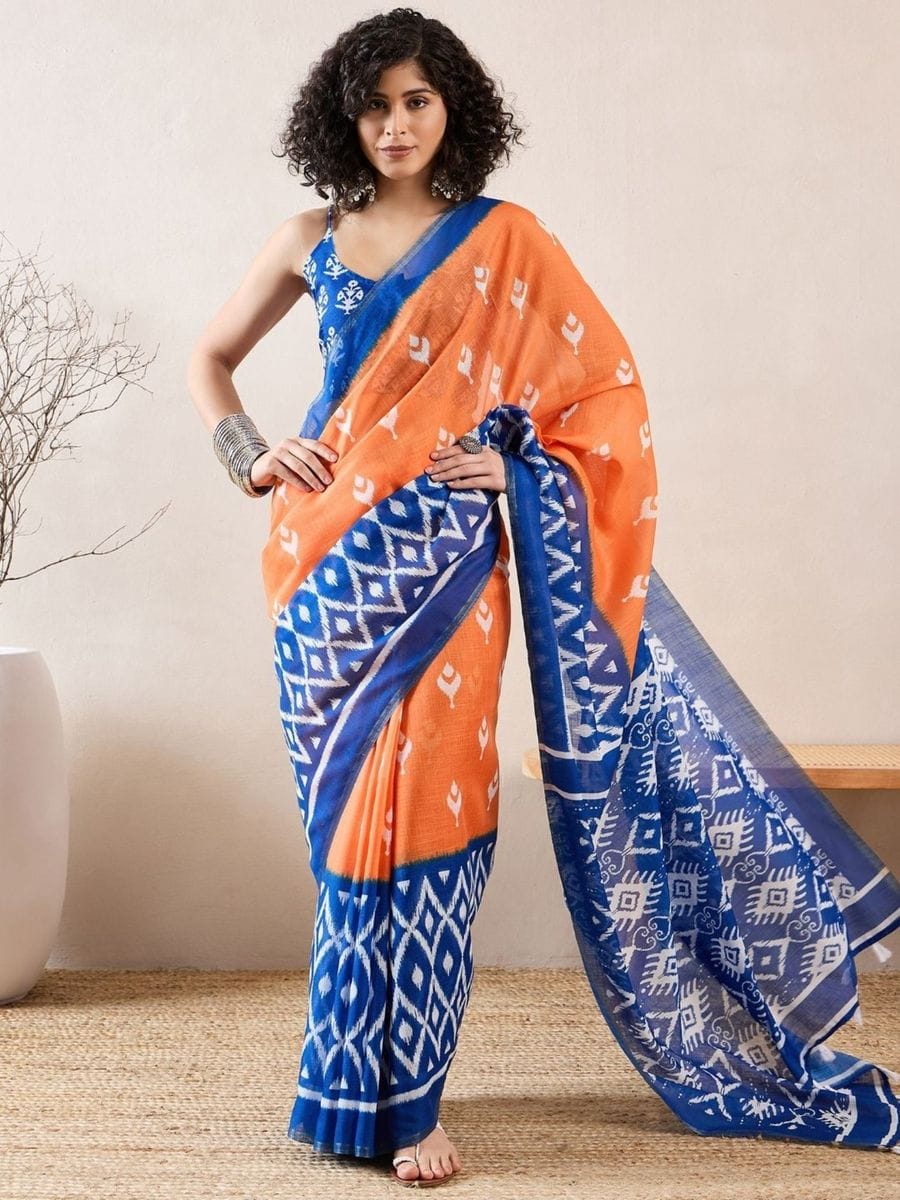 Orange & Blue Mul Mul Cotton Silk Ready to Wear Saree with Ikat Print & Pocket with blouse