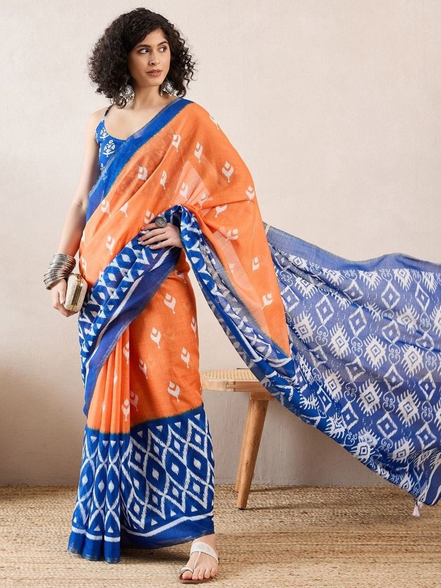 Orange & Blue Mul Mul Cotton Silk Ready to Wear Saree with Ikat Print & Pocket with blouse