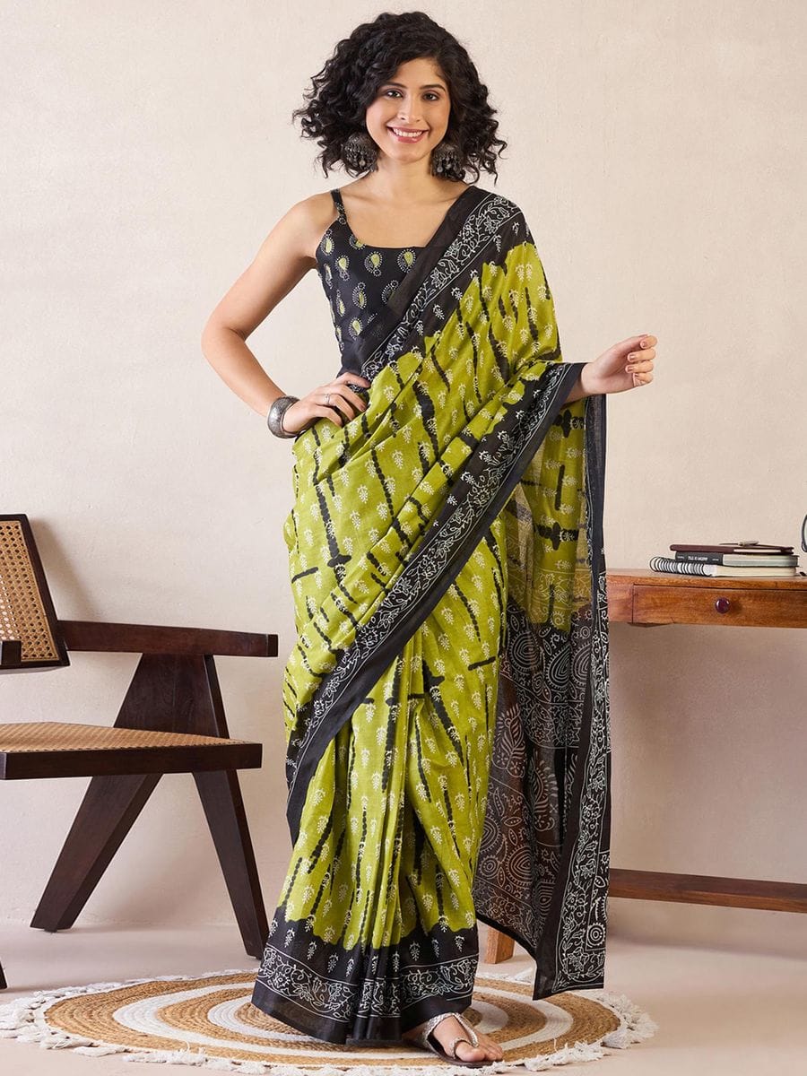Multicolor Mul Mul Cotton Silk Ready to Wear Saree with Floral Digital Print & Pocket with blouse