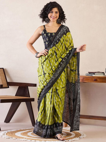 Multicolor Mul Mul Cotton Silk Ready to Wear Saree with Floral Digital Print & Pocket with blouse