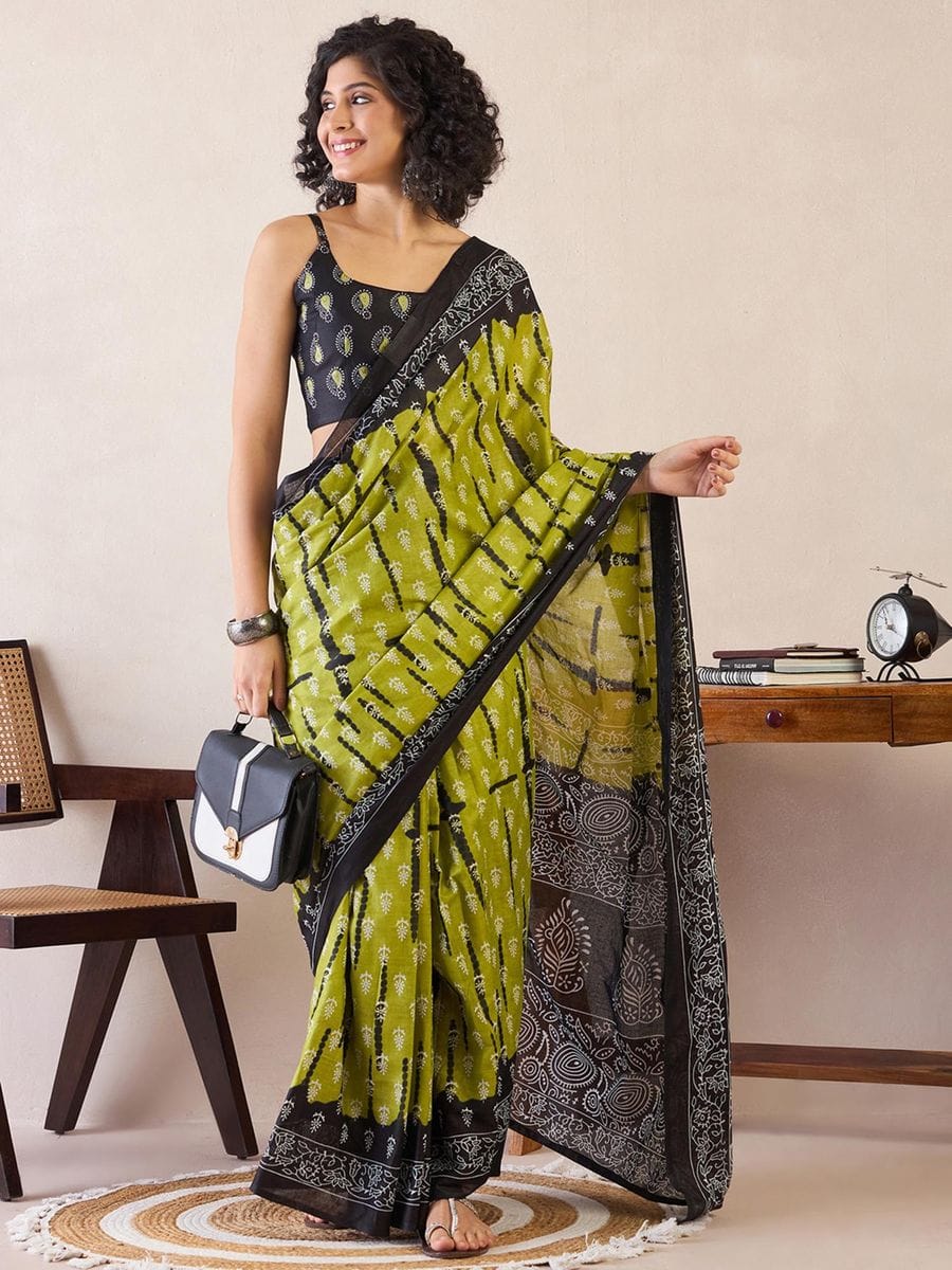 Multicolor Mul Mul Cotton Silk Ready to Wear Saree with Floral Digital Print & Pocket with blouse