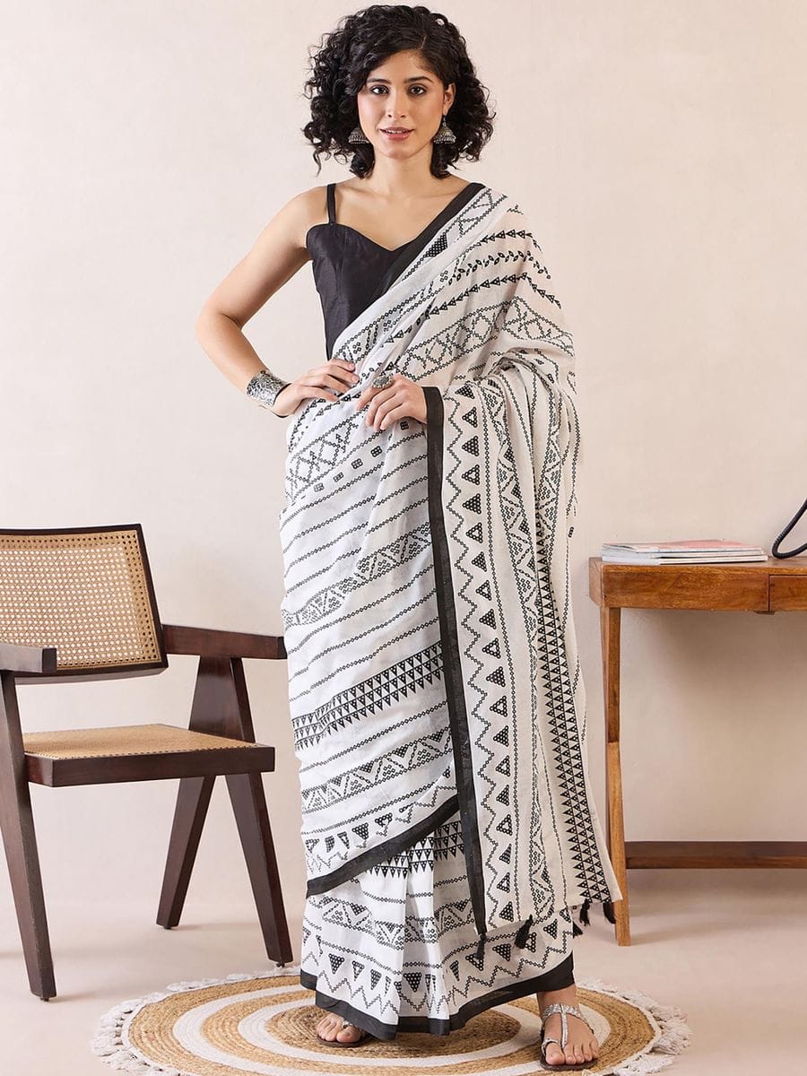 White & Black Mul Mul Cotton Silk Ready to Wear Saree with Geometric Print & Pocket with blouse