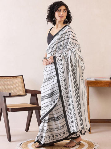 White & Black Mul Mul Cotton Silk Ready to Wear Saree with Geometric Print & Pocket with blouse