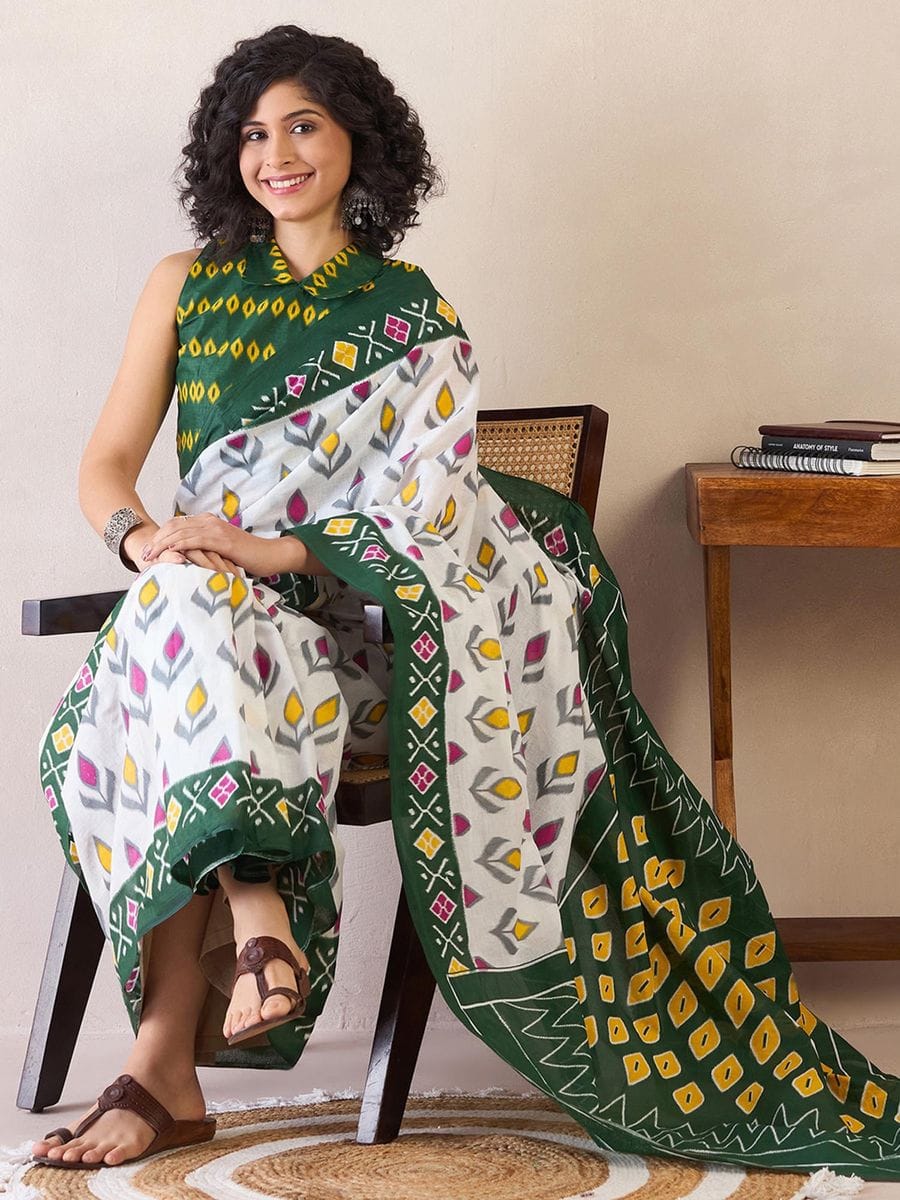 Green & White Cotton Ikat Print Ready to Wear Saree with Traditional Motifs with blouse