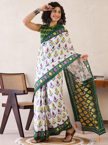 Green & White Cotton Ikat Print Ready to Wear Saree with Traditional Motifs with blouse