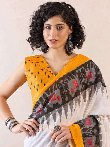 White and Mustard Ready to Wear Saree with Pocket and Ikat Woven Work with blouse