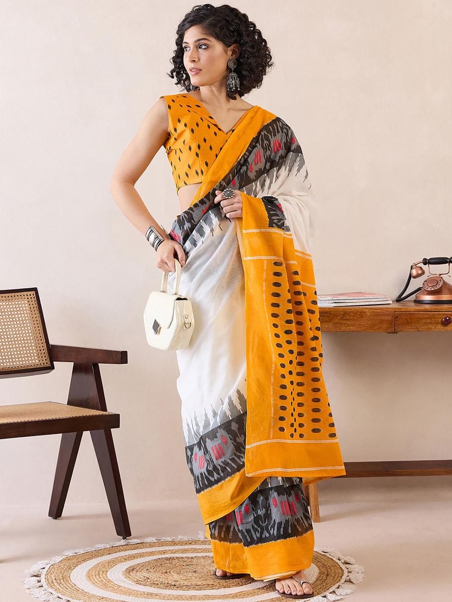 White and Mustard Ready to Wear Saree with Pocket and Ikat Woven Work with blouse