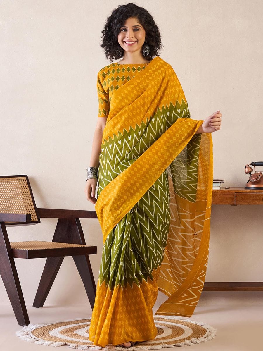 Mustard Yellow and Olive Green Ready to Wear Saree with Pocke tand Ikat Woven Work with blouse
