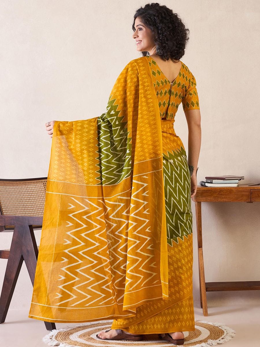 Mustard Yellow and Olive Green Ready to Wear Saree with Pocke tand Ikat Woven Work with blouse