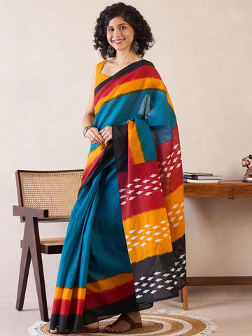 Teal, Maroon and Yellow Ready to Wear Saree with pocket and Ikat Woven Work with blouse
