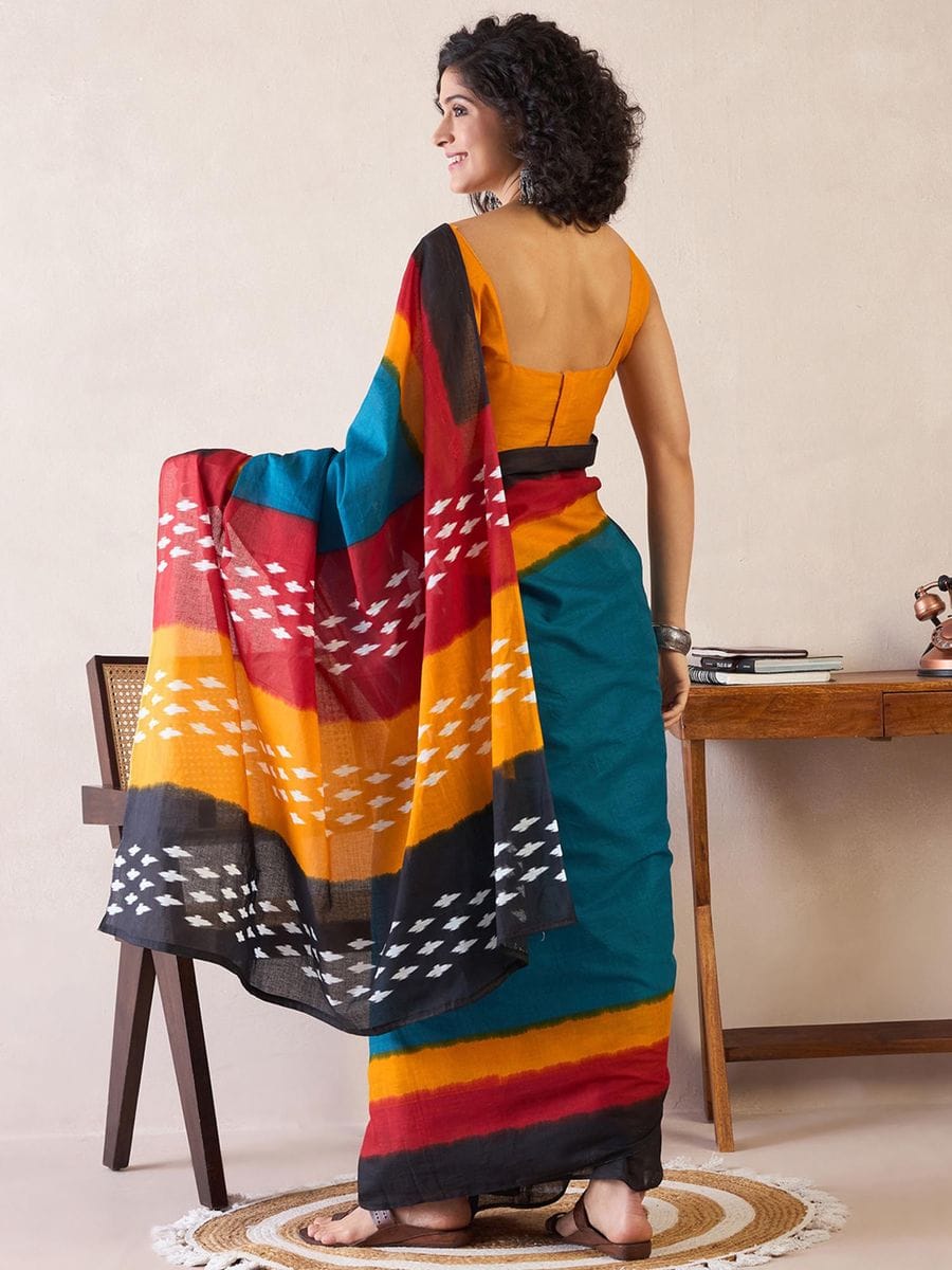Teal, Maroon and Yellow Ready to Wear Saree with pocket and Ikat Woven Work with blouse