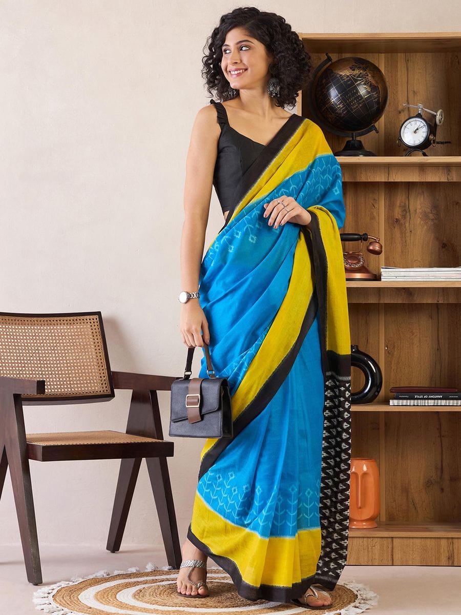 Blue and Yellow Ready to Wear Saree with pocket and Ikat Printed Work with blouse