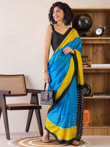 Blue and Yellow Ready to Wear Saree with pocket and Ikat Printed Work with blouse