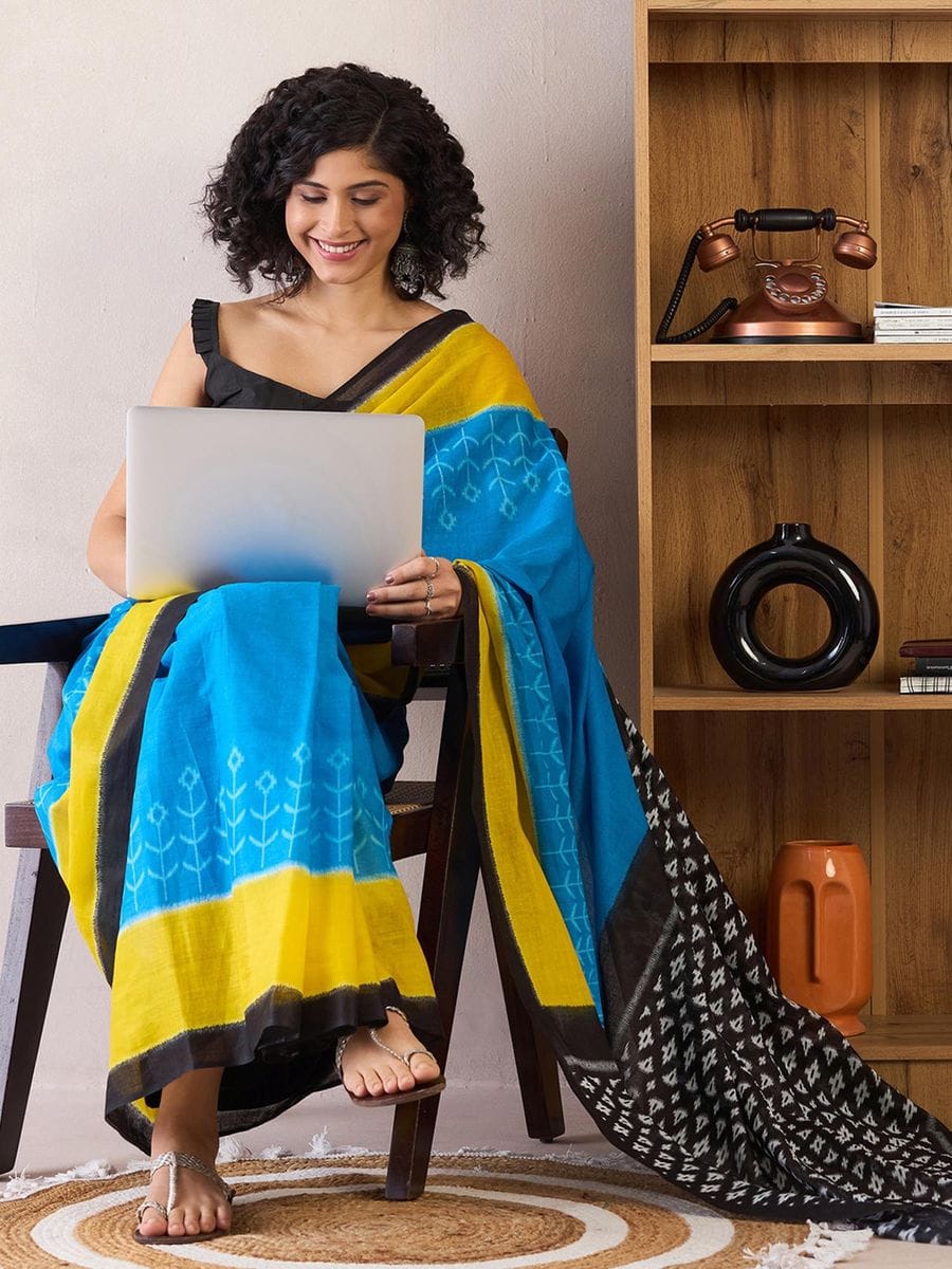 Blue and Yellow Ready to Wear Saree with pocket and Ikat Printed Work with blouse